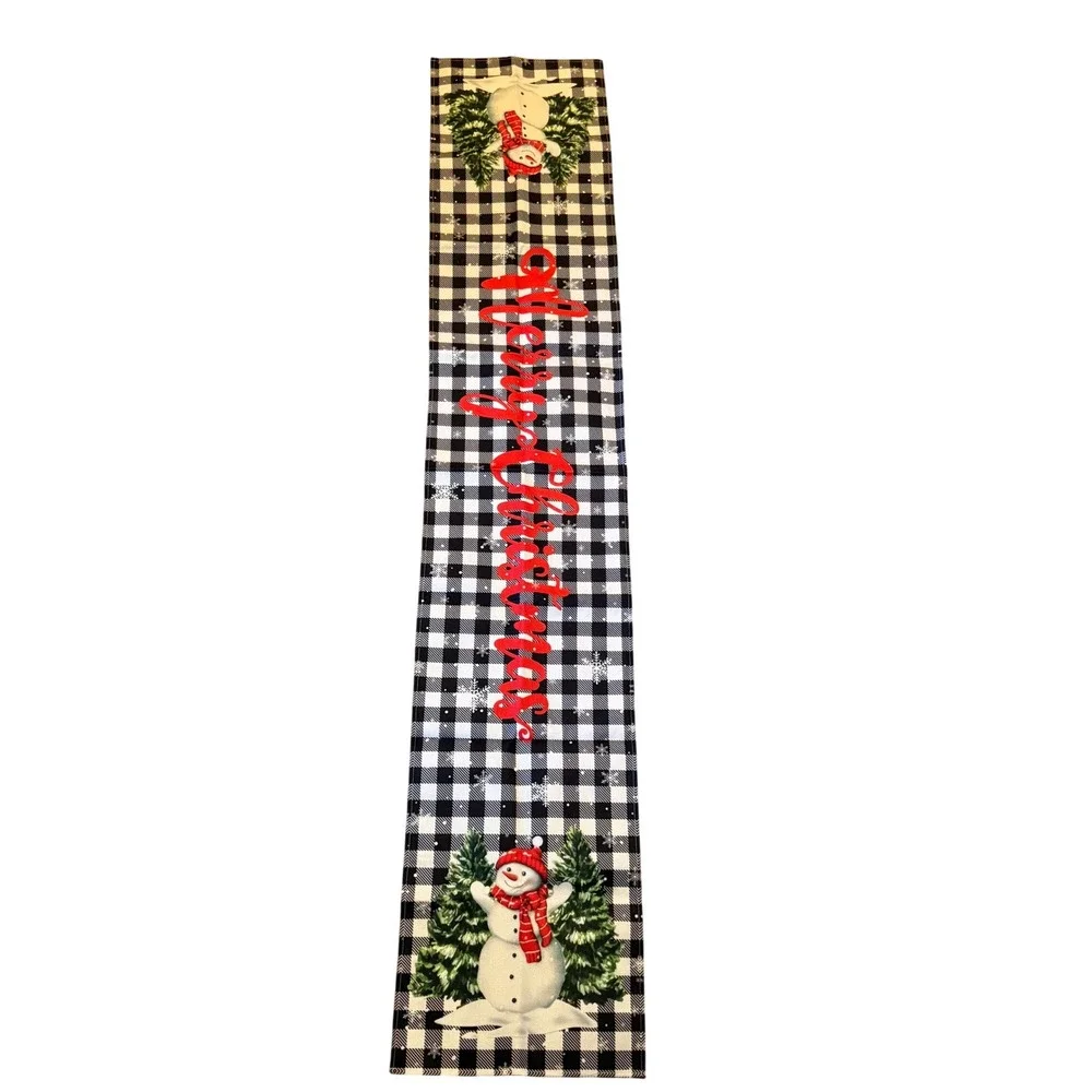 Merry Christmas Buffalo Plaid Table Runner Snowman Holiday Decor Black White Red